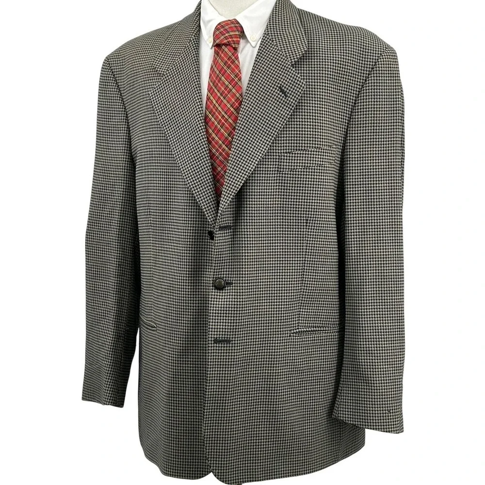 Mens Vintage Sport Coat Navy Tan Houndstooth Wool‎ Blazer Italy Galliani 48 50